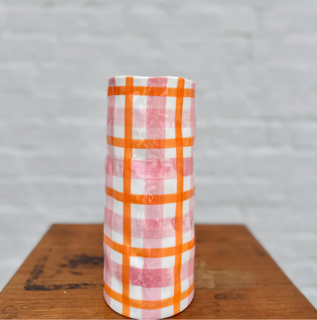 Medium Pink & Orange Gingham Vase